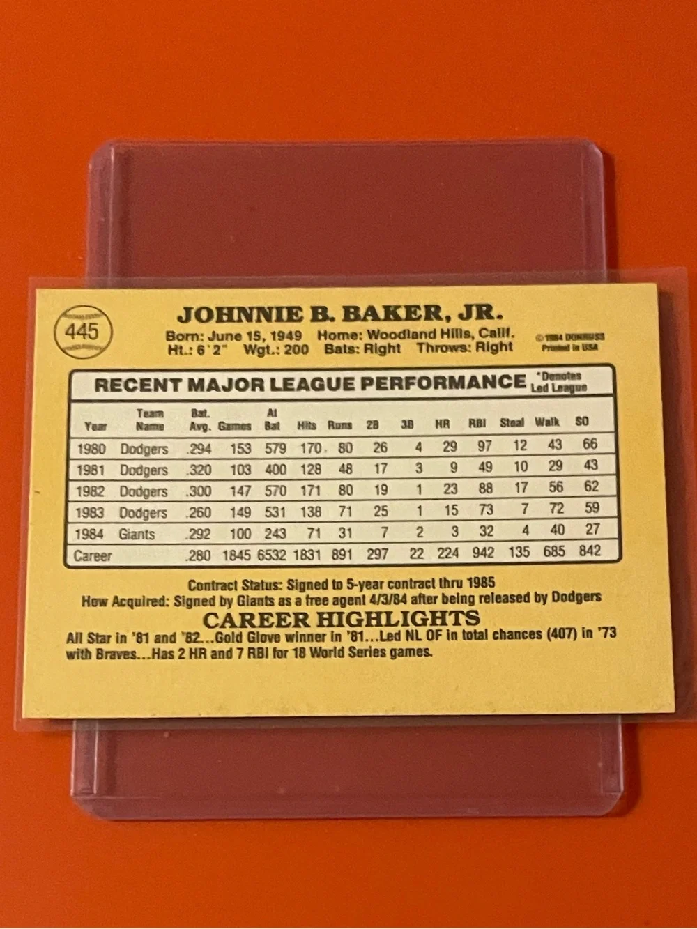 Dusty Baker #445 1985 Donruss Baseball Trading Card